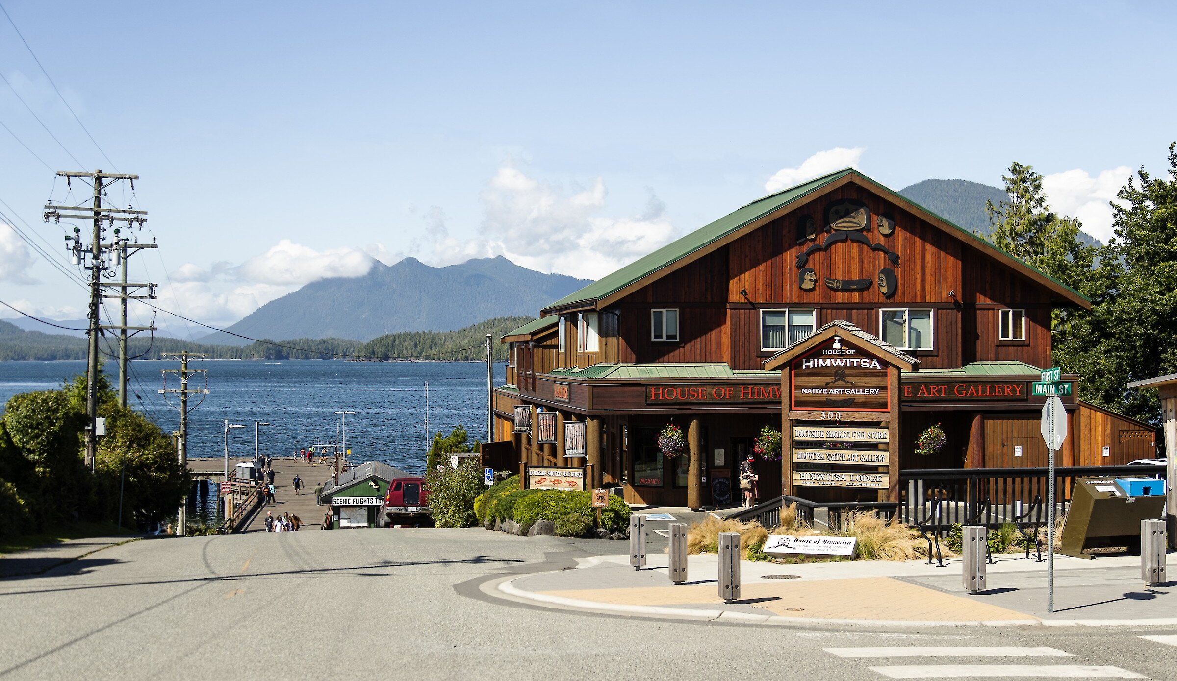 View of Tofino Harbourfront and House of Himwitsa Indigenous art gallery