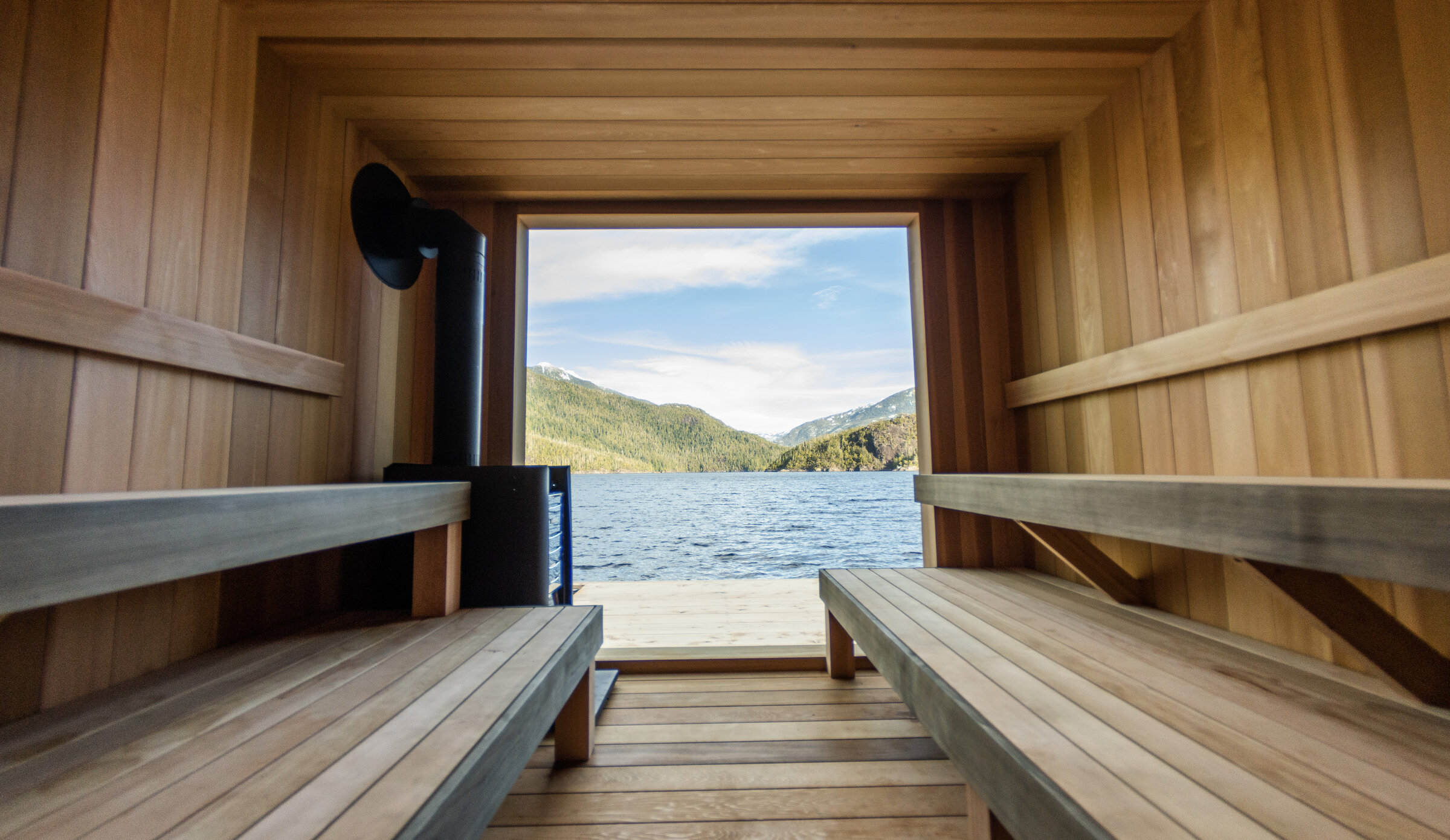 Clayoquot Sound water view from the floating sauna at Tofino Resort and Marina