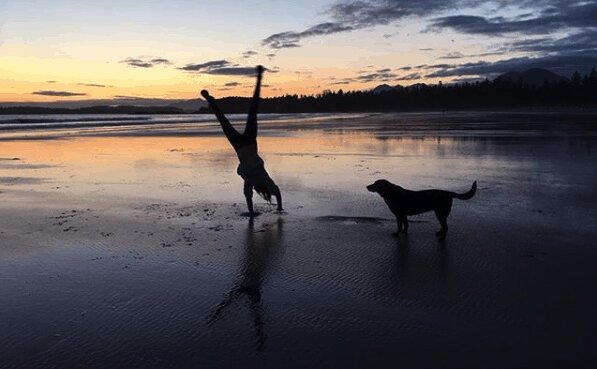 girl doing a cartwheel on the beach with dog watching