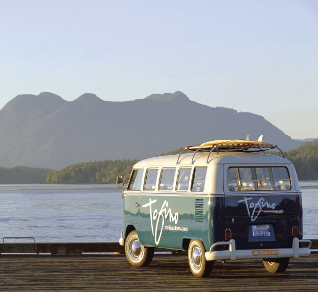 ChesterVan, the blue 1966 Volkswagen Microbus Deluxe, on the First Street Dock in Tofino.