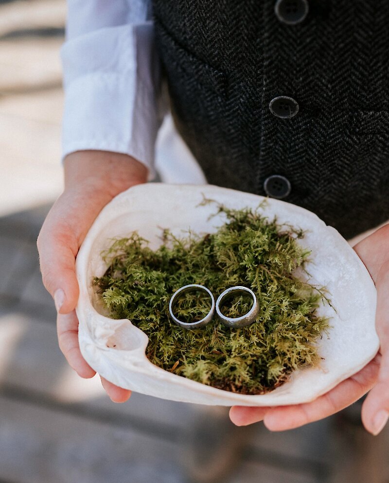 Wedding rings set on moss in a large clam shell