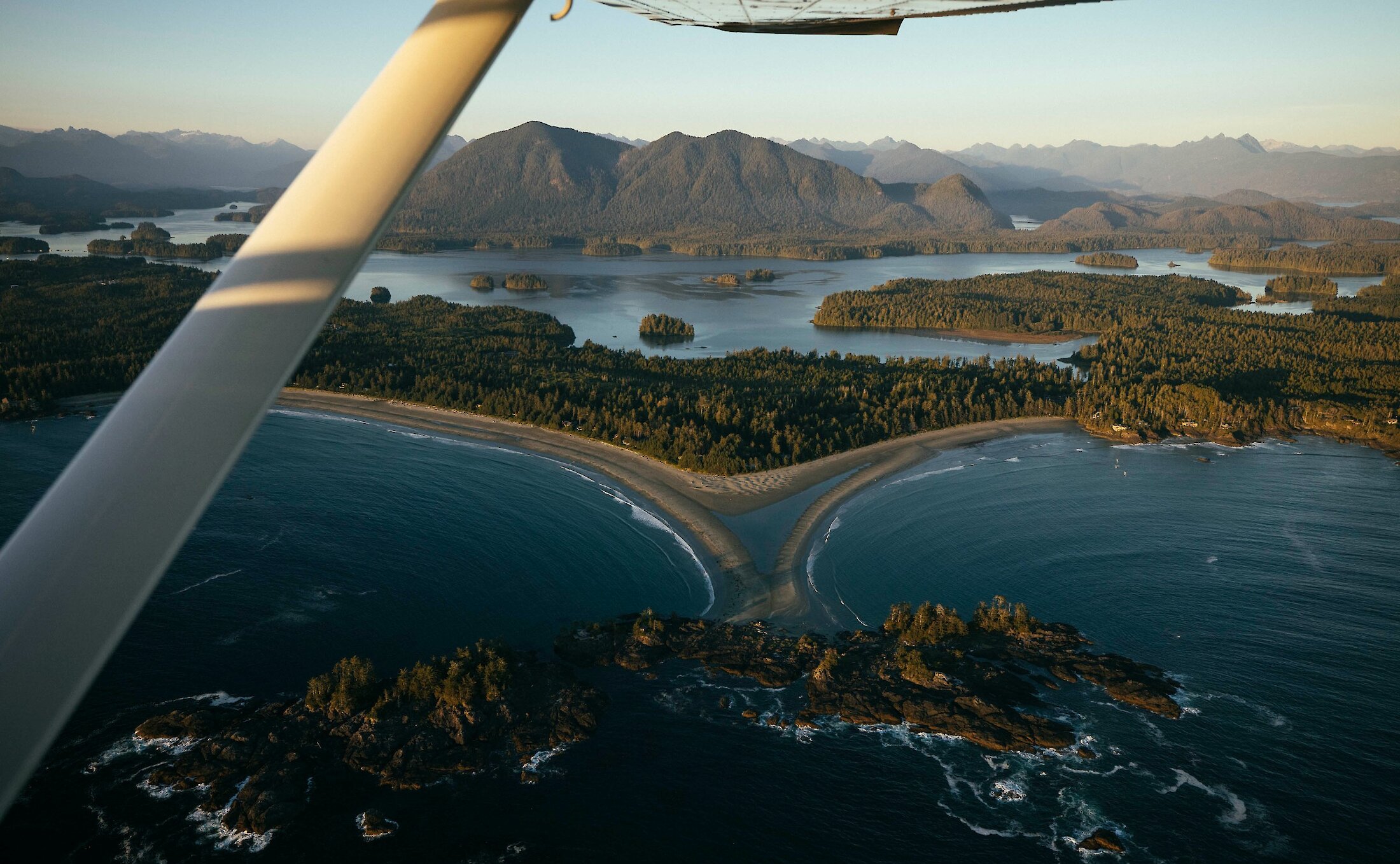 View from a seaplane looking down at islands