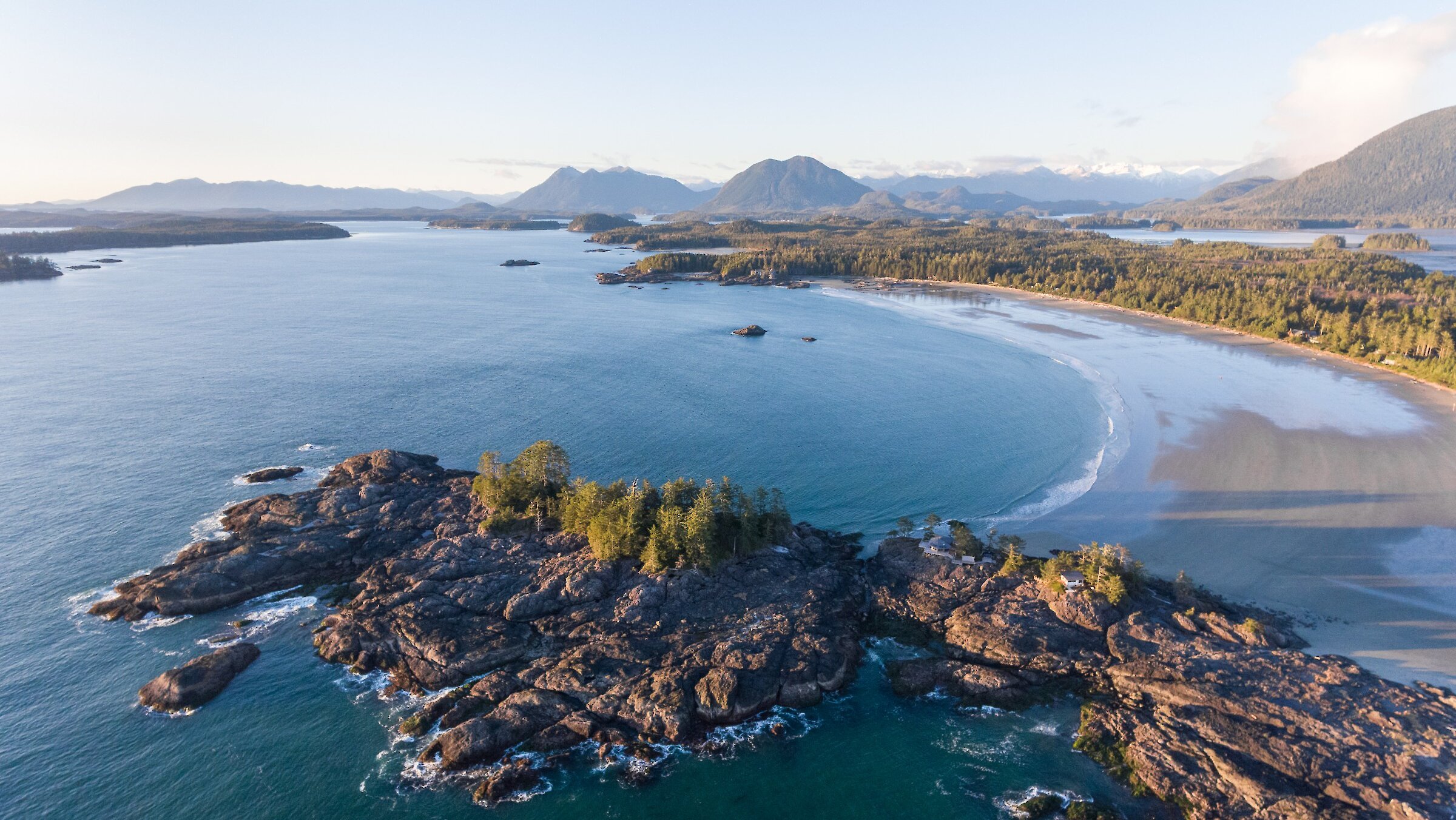 View of Frank Island looking toward North Chesterman Beach and Clayoquot Sound visible in the background.
