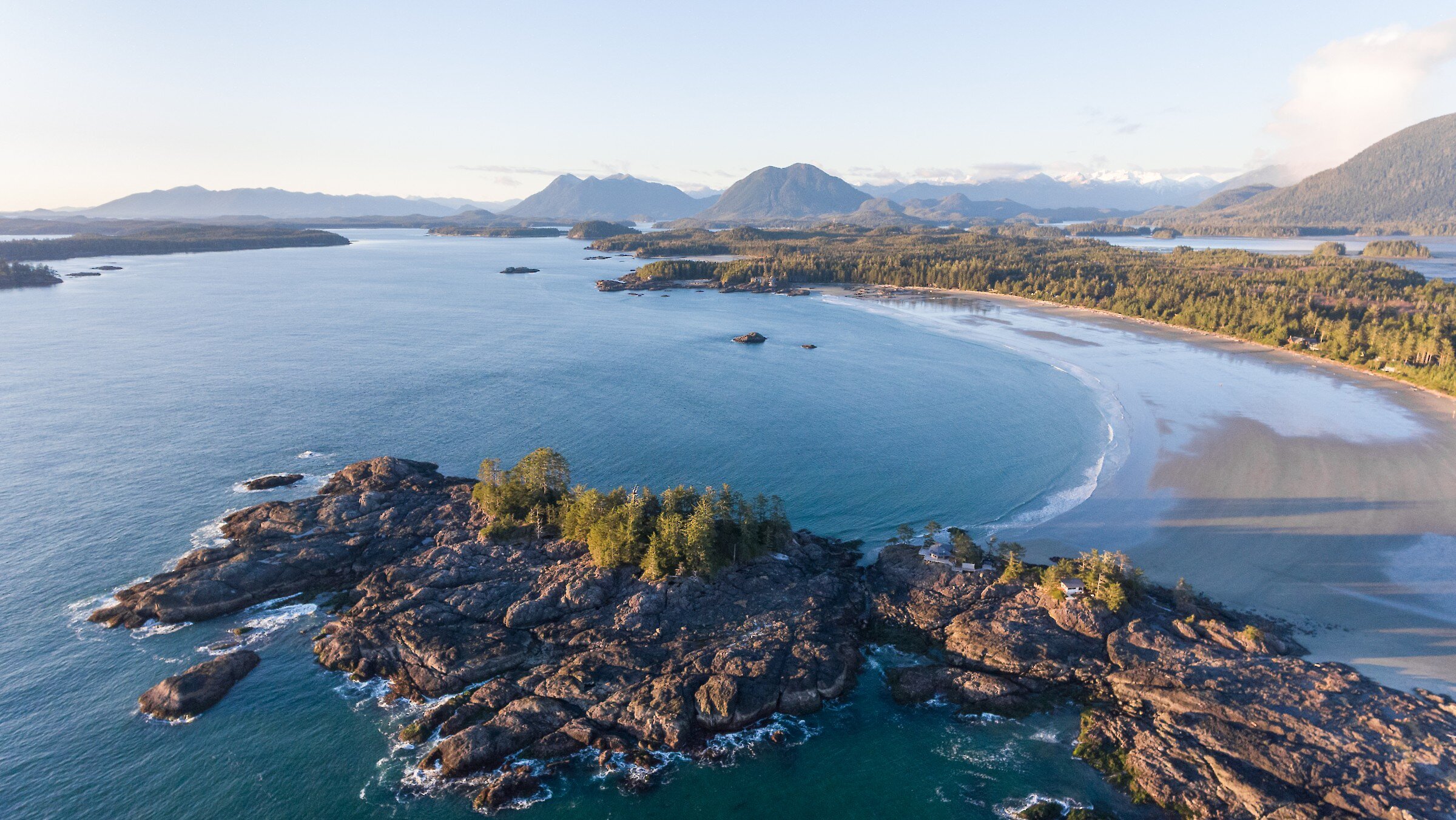 View of Frank Island looking toward North Chesterman Beach and Clayoquot Sound visible in the background.