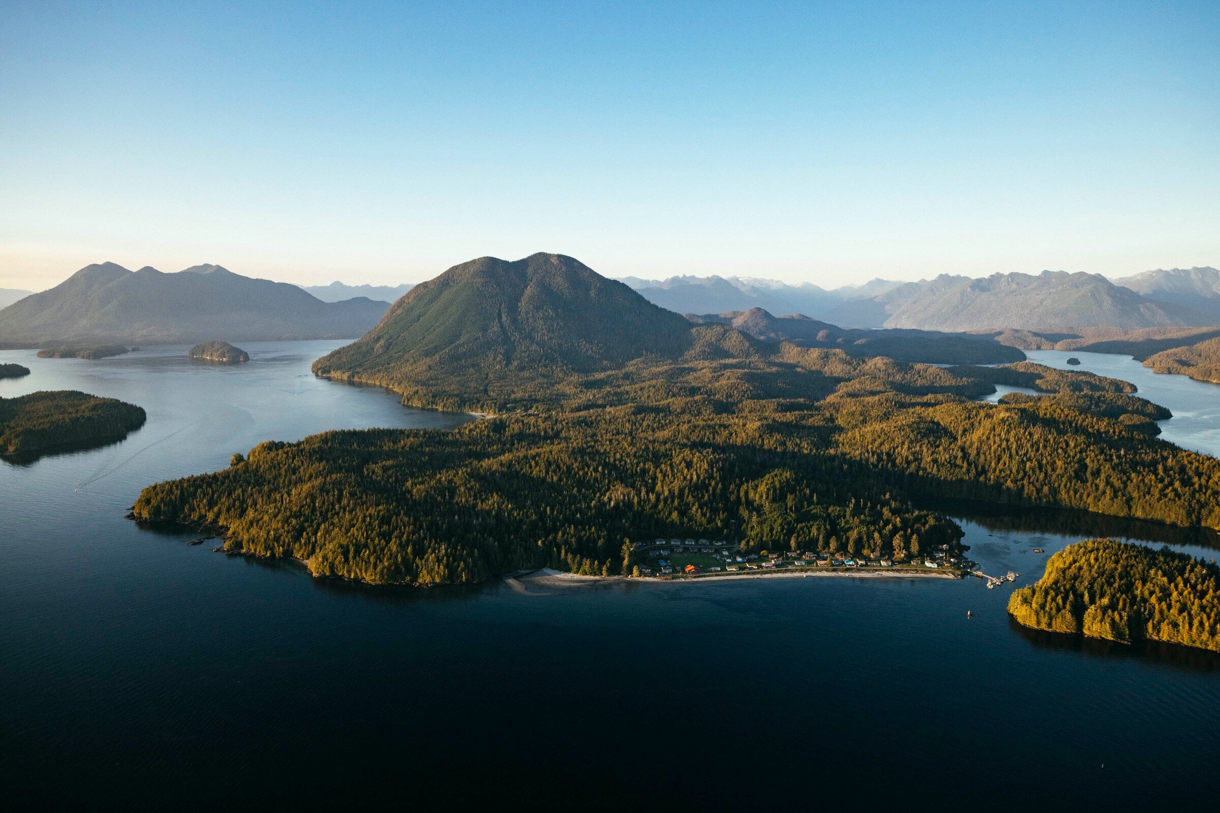 Aerial view of Clayoquot Sound, the islands and the mountains in the background