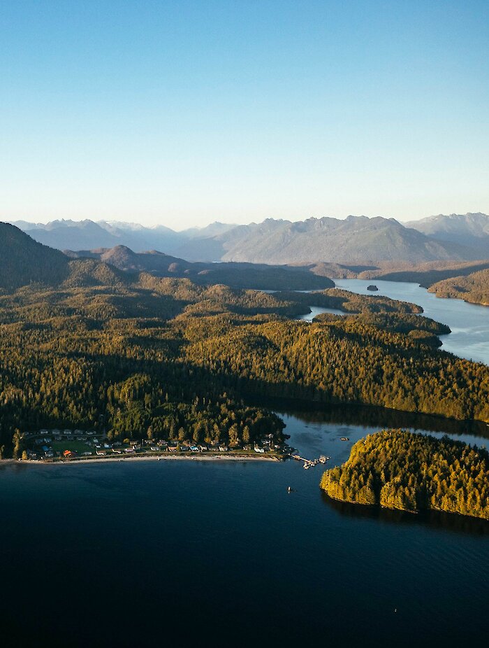 Aerial view of Clayoquot Sound, the islands and the mountains in the background
