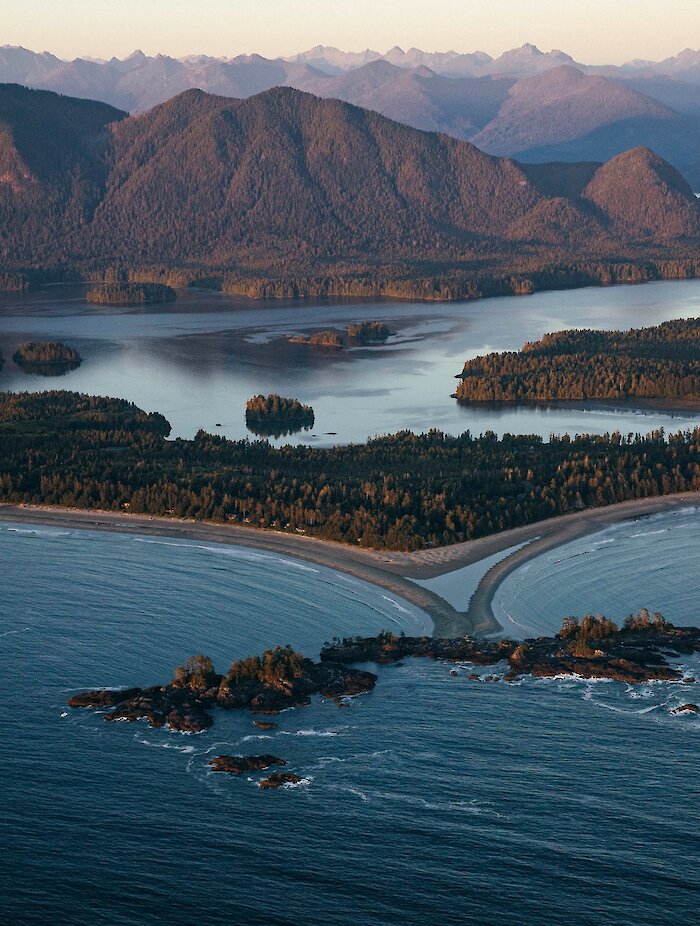 Aerial view of Clayoquot Sound's islands, ocean and mountains in the background