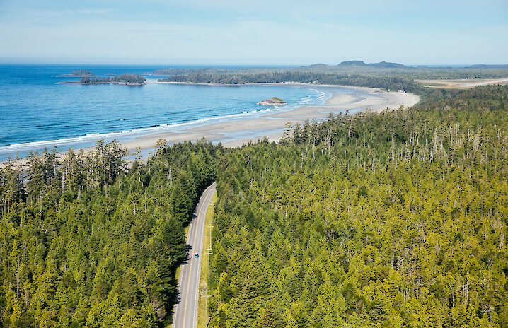 Winding highway in the forest leading to the beach and ocean