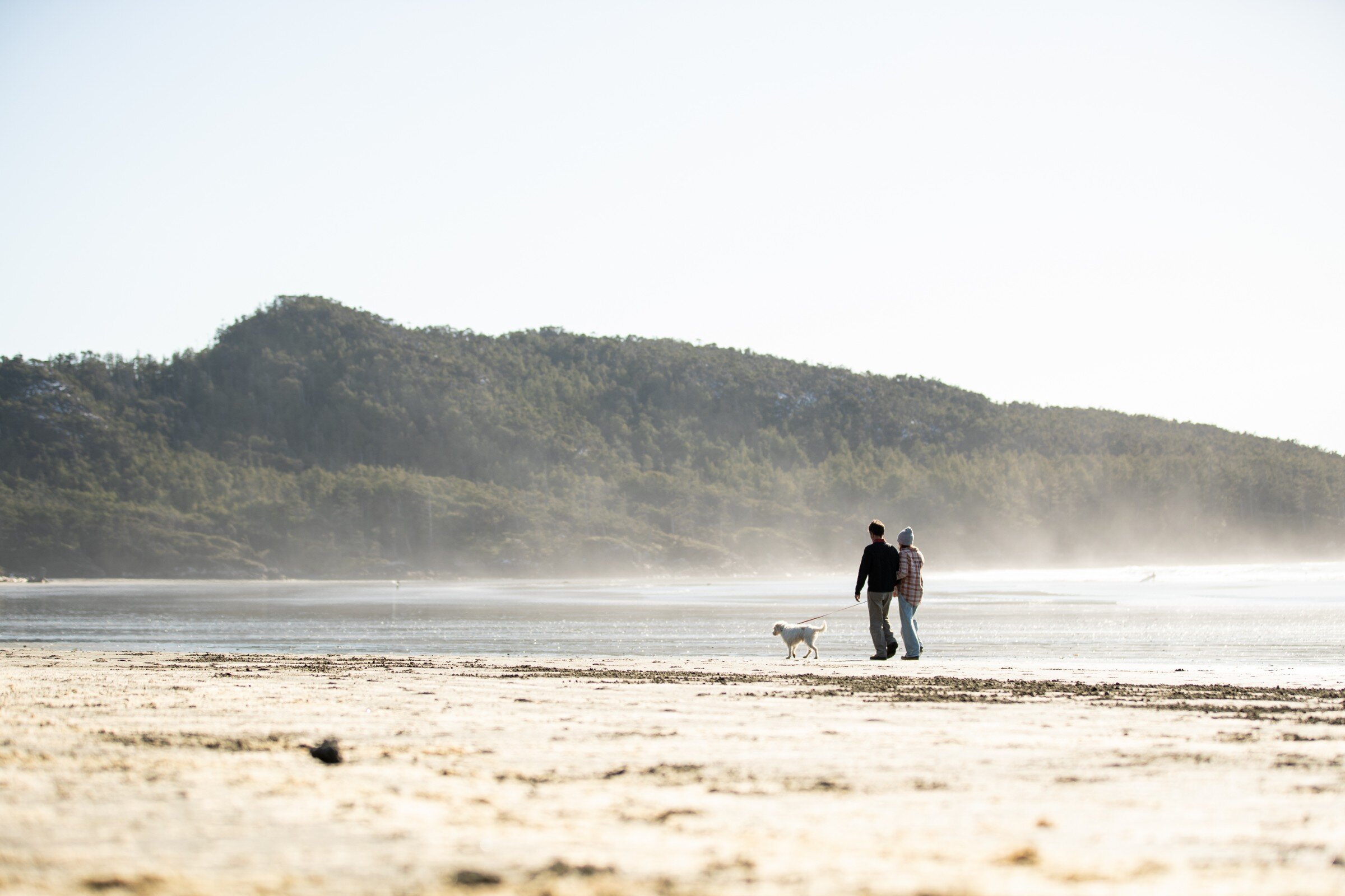 man and woman walking dog on Cox Bay