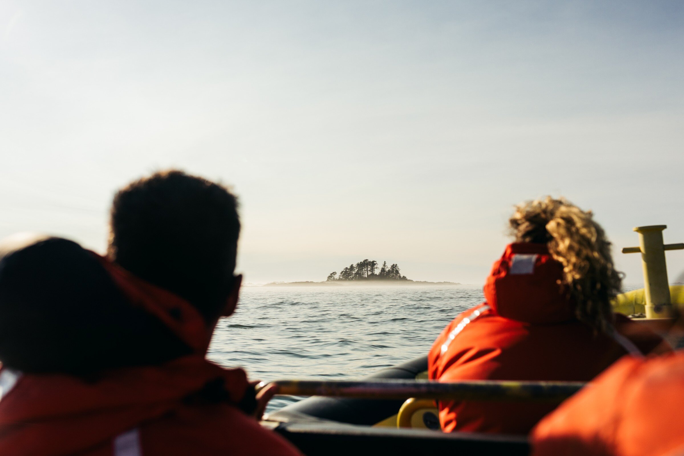 Whale watching tour looking at an island in the mist