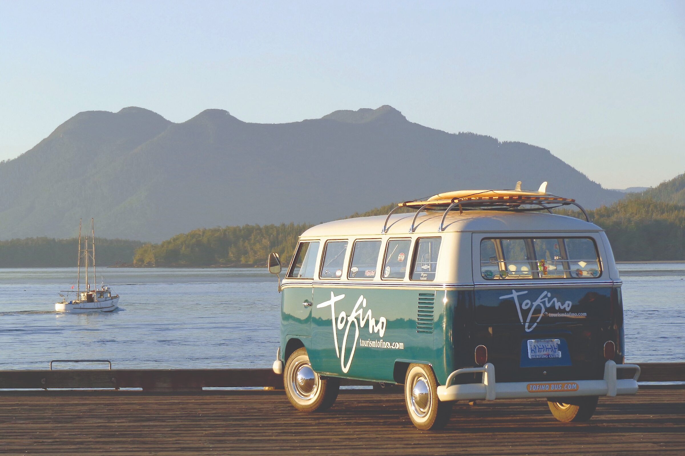 ChesterVan, the blue 1966 Volkswagen Microbus Deluxe, on the First Street Dock in Tofino.