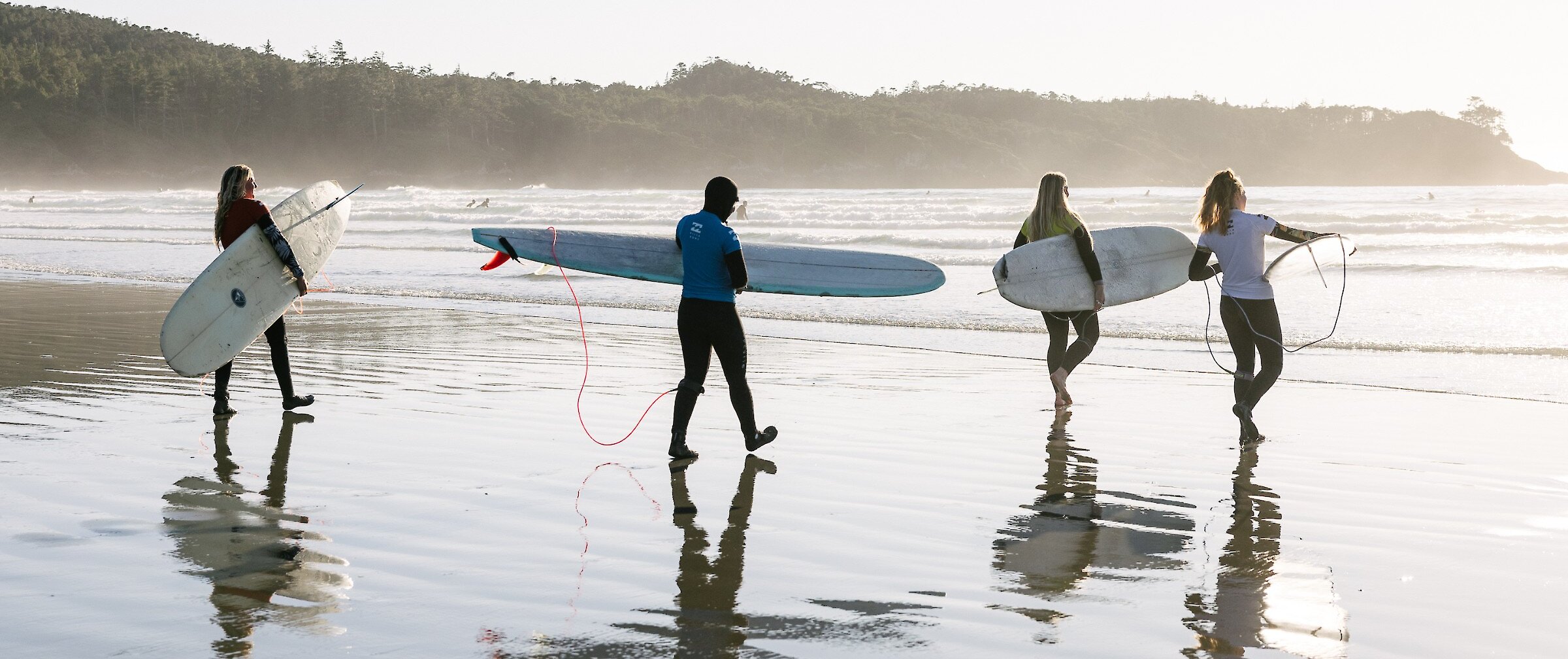 women walking toward the ocean with surfboards