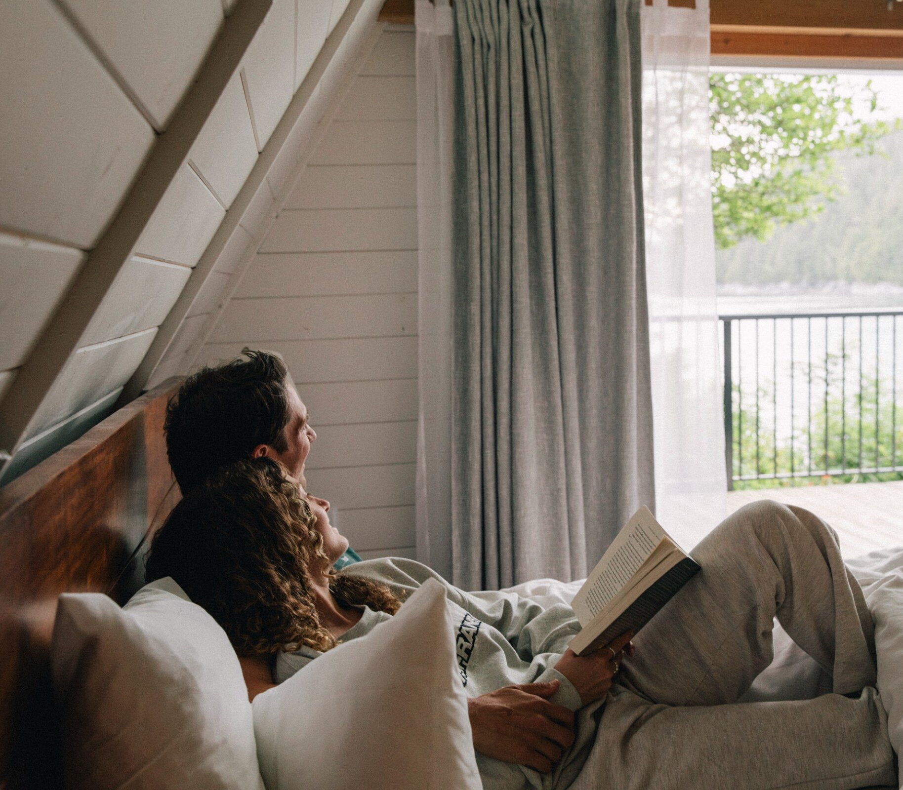Interior of a wooden A-frame cabin