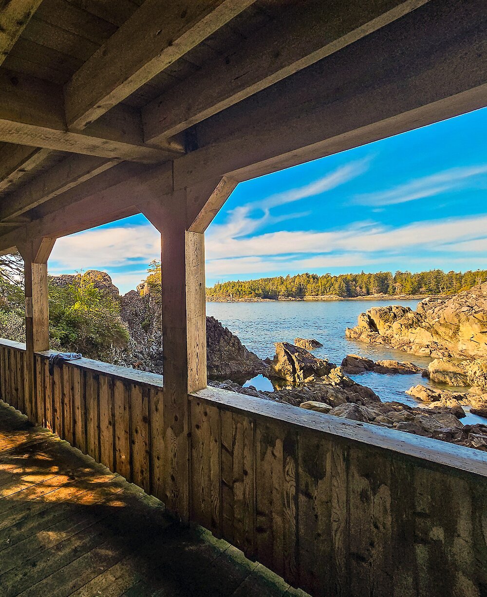 ocean view from covered wooden shelter