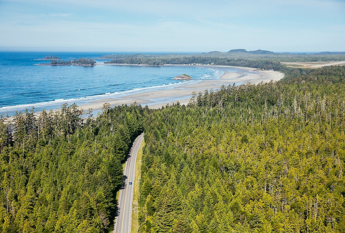 Aerial view of the road to Long Beach and Pacific Rim National Reserve
