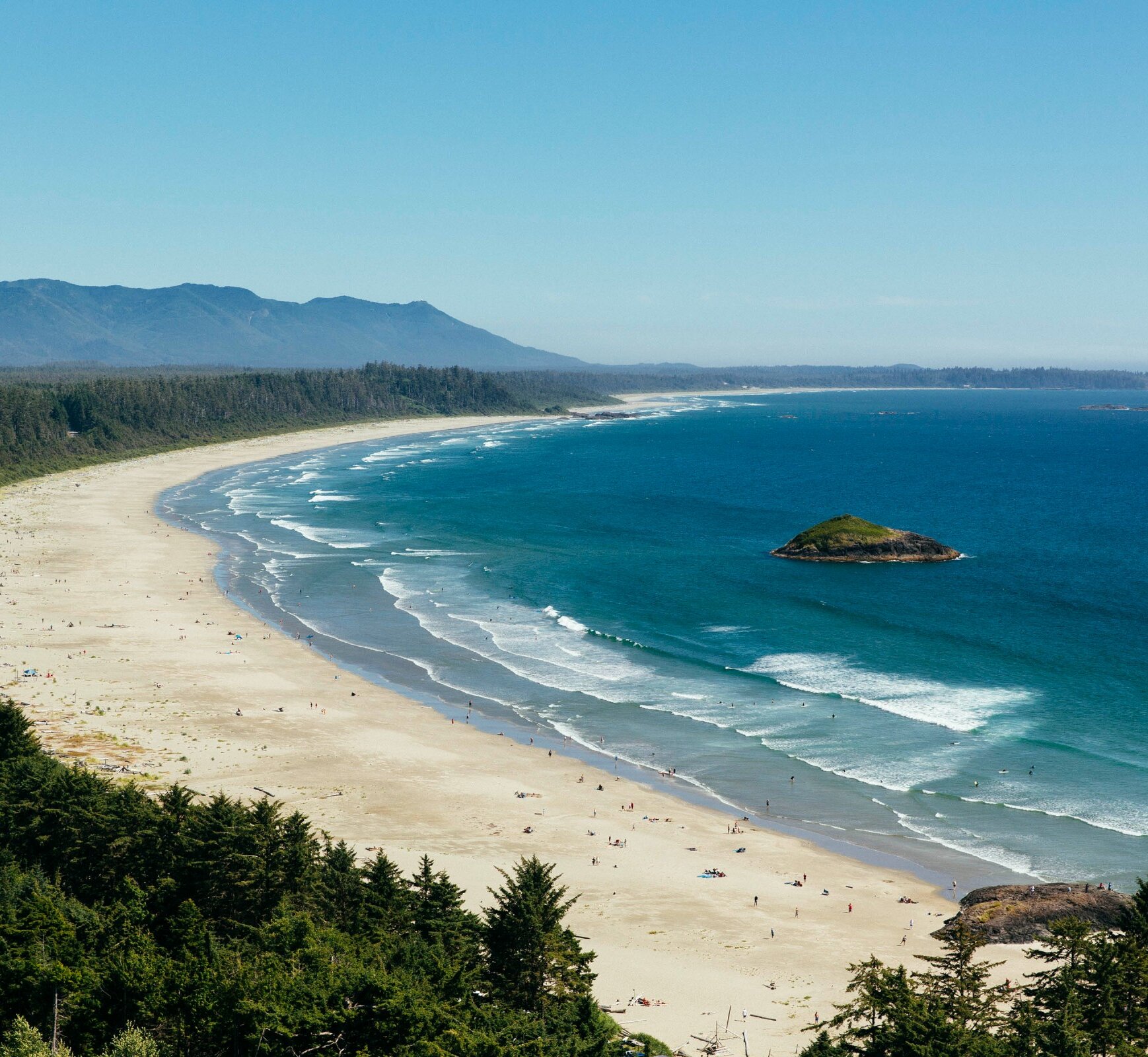 Long view of ocean, surf, sand and forest