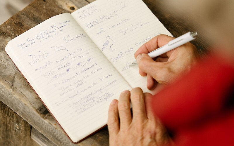 Person writing in a notebook on a wooden table