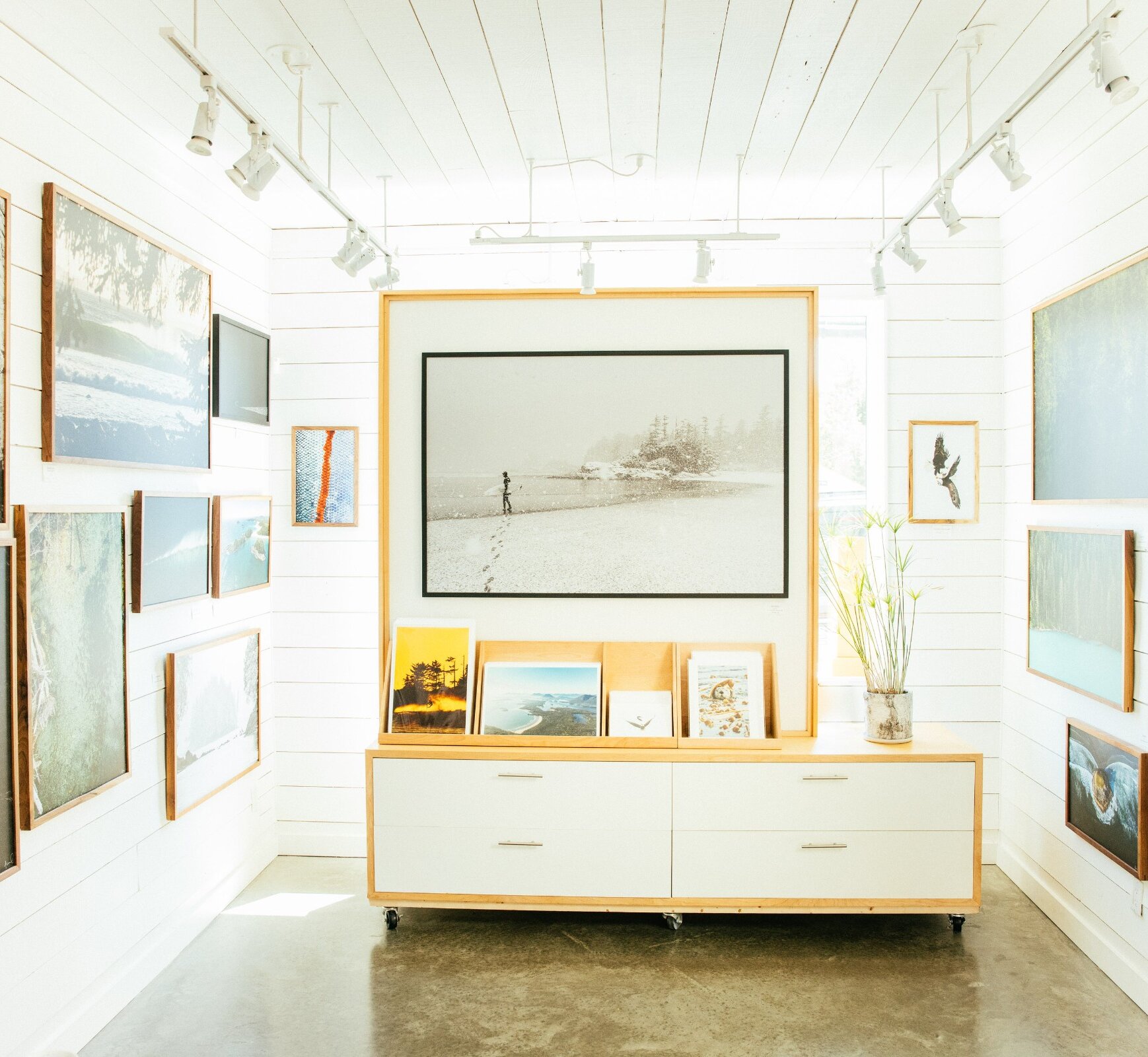 Inside a gallery with framed photographs on the walls