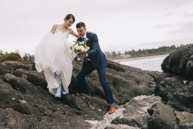 Tofino Wedding Photo Co. photo of a Bride & Groom on rocky shoreline.