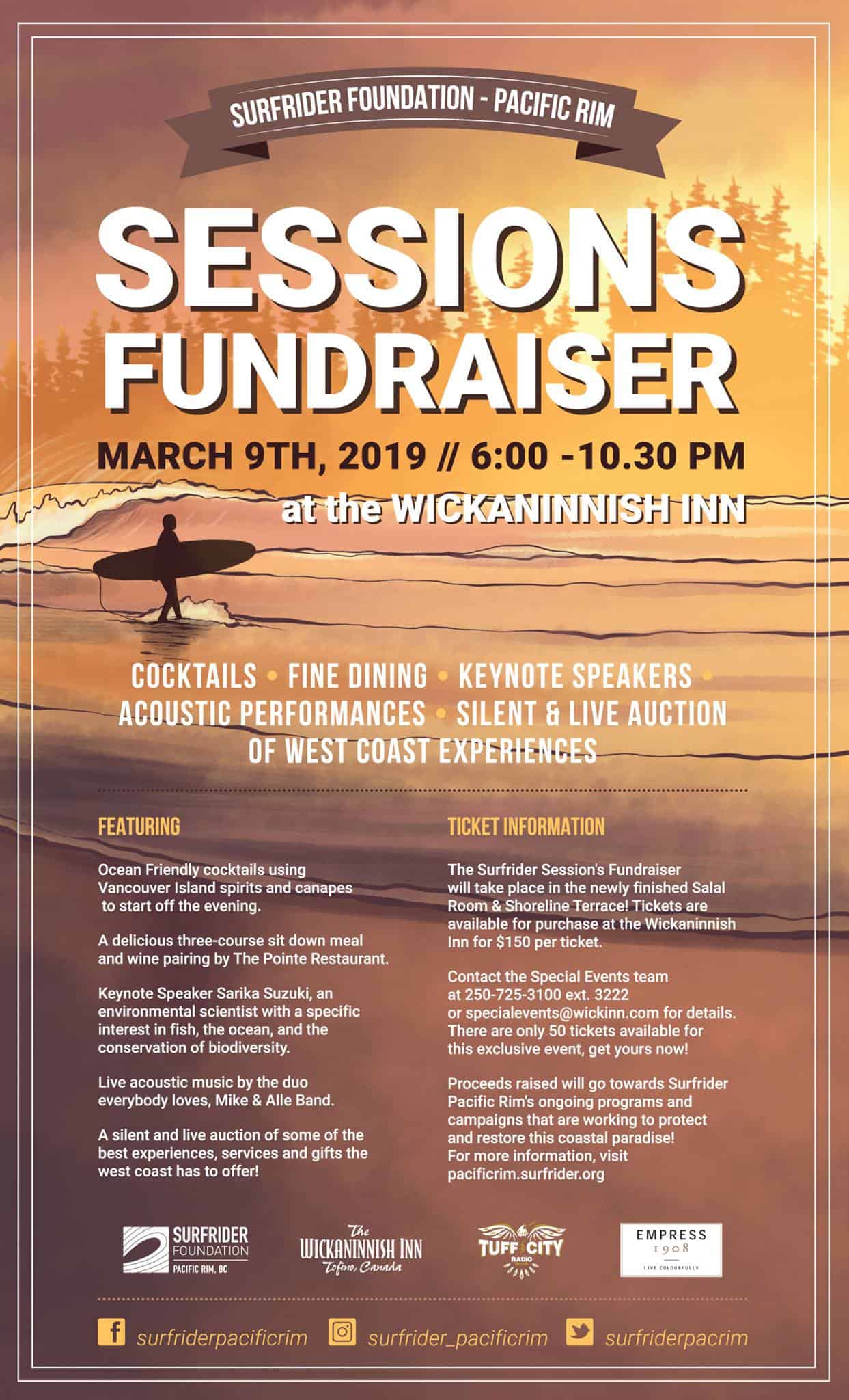 Poster for Sessions Fundraiser with Surfrider, March 9, 2019